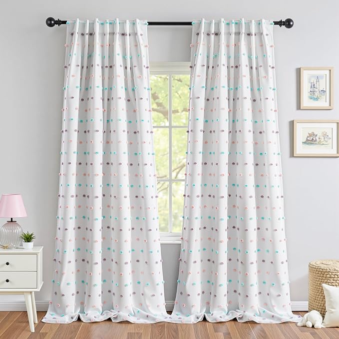MYSKY HOME 100% Blackout Curtains for Living Room 102 Inch White Curtain Extra Long Total Light Block Girls Room Drapes Thermal Insulated Room Darkening Rainbow Pom Pom Sheer Back Tab 2 Pieces 52 Wide