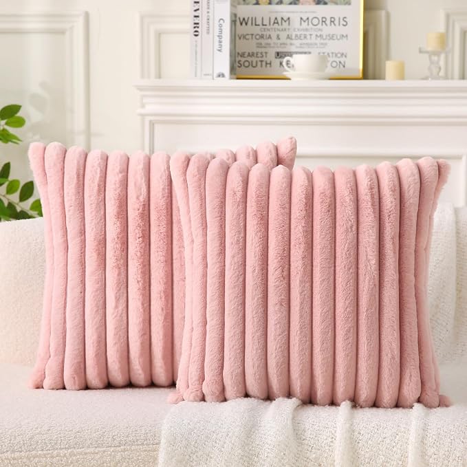 Decorative Throw Pillow with Inserts, Set of 2 Soft Faux Fur Throw Pillows, Square Boho Striped Pillow for Couch, Bed, Sofa Decor (Pink, 16" x 16"(Pack of 2))