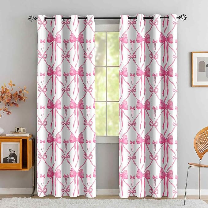 LUVIVIHOME Pink Bow Curtains, Cute Preppy Coquette Blackout Curtains for Girls Bedroom Living Room, Modern Aesthetic Bowknot Girly Room Decor, Grommet Window Drapes 2 Panel Sets, 42x84 Inch