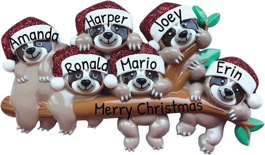 3D Sloth Family of 6 Ornament 2025 Personalized Family Christmas Ornaments 2025 | Holiday Hangout Personalized Tree Ornaments for Grandchildren Siblings & Grandkids of Six Ornament Hanging Sloths