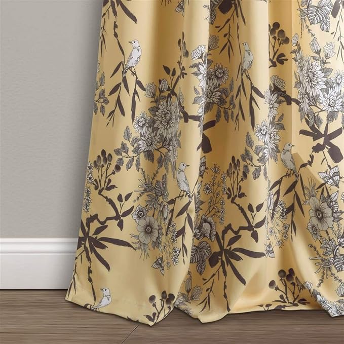 Lush Decor Botanical Garden Curtains Floral Bird Print Light Filtering Window Panel Drapes Set for Living, Dining, Bedroom (Pair), Yellow, 52"W x 84L"