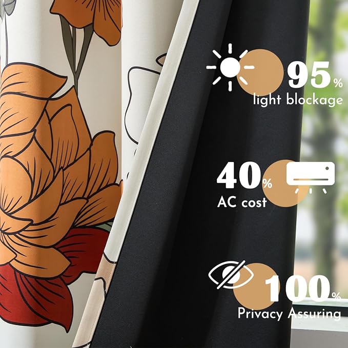Lazzzy Floral Curtains for Bedroom Living Room Faux Linen Vintage Blackout Curtains 84 Inches Long Room Darkening Drapes Grommet Flower Patterned Window Treatments Set of 2 Panels, 52" x 84", Beige