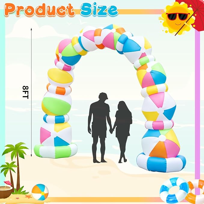 8 FT Inflatable Beach Ball Arch, Summer Inflatable Outdoor Decorations, Blow Up Beach Ball Archway with Built-in 8 LED Lights for Pool Beach Luau Party Yard Garden Photos Backdrop