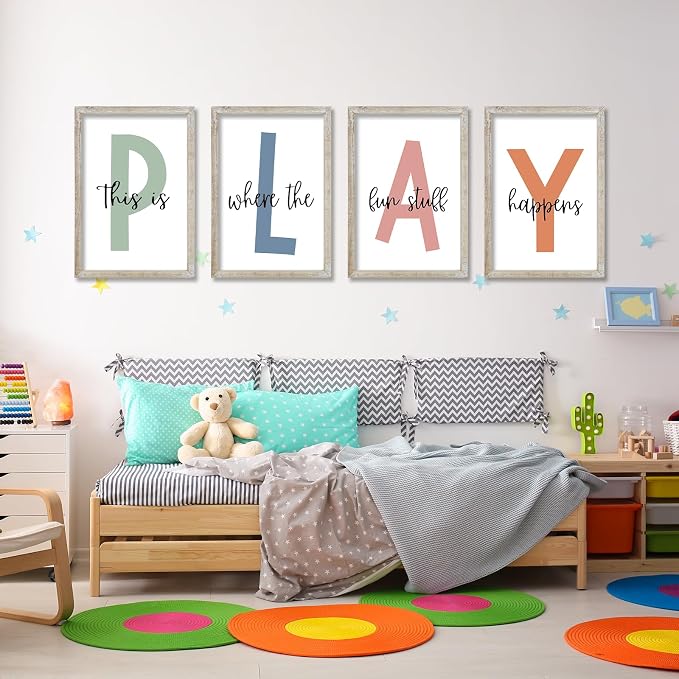 This Is Where The Fun Stuff Happens Kids Playroom Wall Art Decor 16x24 Inch Set Of 4 Rustic Kids Wood Framed Sign Toddler Modren Nursery Interesting Let's Play Prints Wall Hanging (White)