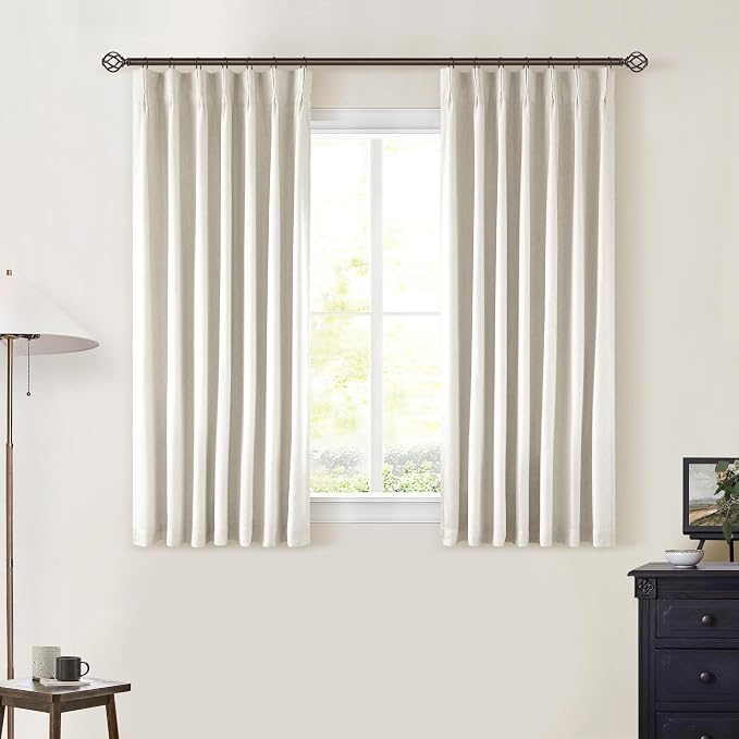 Cream Short Linen Curtains for Small Window 2 Panel Set Kitchen Curtains 45 Inch Length Pinch Pleated Back Tab 100% Blackout Natural Linen Room Darkening Thermal Insulated Drapes for Cafe Bathroom