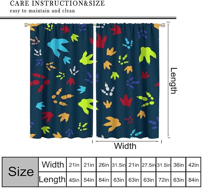 YCness Dinosaur Footprint Curtains for Boys Girls Children Nursery Playroom Room Decor Colorful Cartoon Dino Art Printed Window Drapes Decor Fabric Set 2 Panel 63x72 Inch 80% Shading Rate
