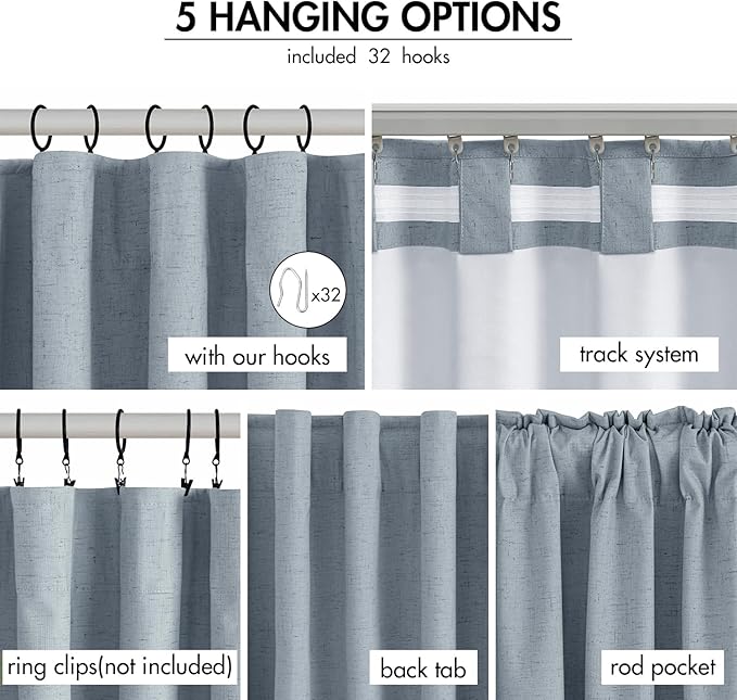 EMEMA Chambray Blue Linen Blackout Curtains 84 inch Long 2 Panels Set for Bedroom Back Tab Thermal Insulated 100% Black Out Drapes Pinch Pleated Hooks Room Darkening Window Curtain for Living Room
