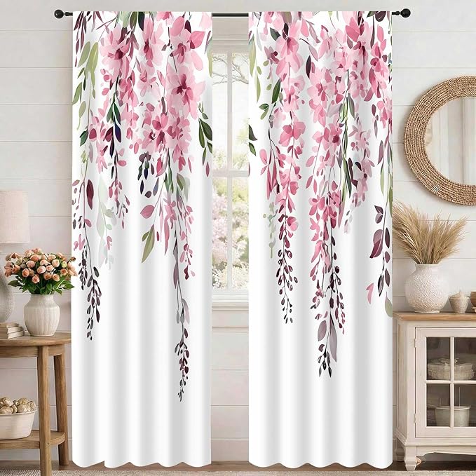 Pink Watercolor Floral Curtains, Botanical Leaves Vine Flowers Curtain, Rustic Farmhouse Flower Leaf Blackout Window Treatment Drapes for Bedroom Living Room 42x90 inch, 2 Panels