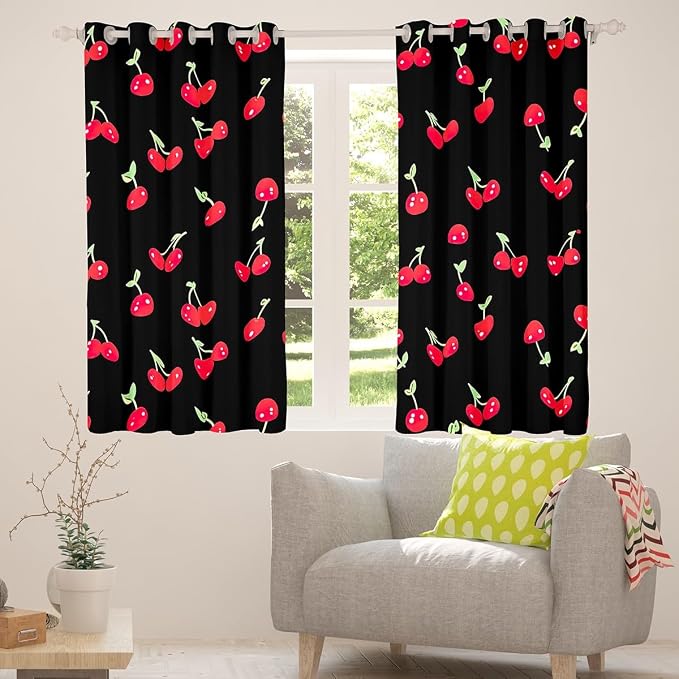 Girls Red Cherry Window Curtains, Kawaii Blackout for Kids Boys Adult Women, Cartoon Fruit Drapes 2 Panels, Cute Cherry for Bedroom Living Room Decor, 52"Wx84"L, Black Red