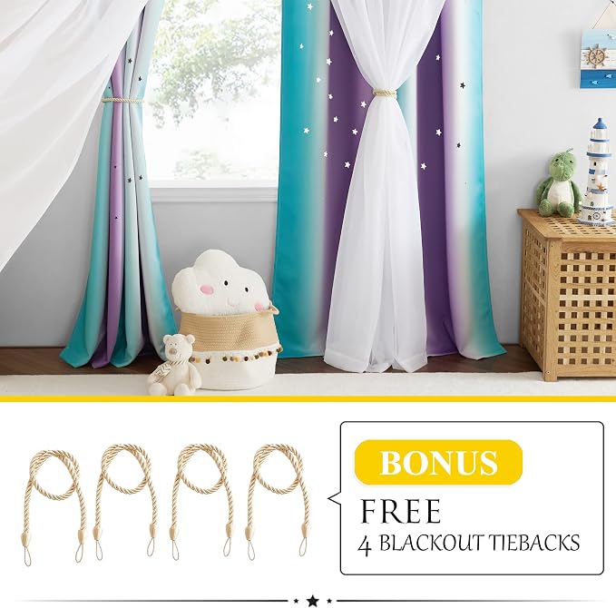 NICETOWN Star Cut-Out Blackout Curtains for Bedroom 2 Panels,2-Layers Mix Design of Fabric & Tulle, Kids Window Curtain for Nursery Living Room,W34 x L84, 2 Panels, Teal & Purple