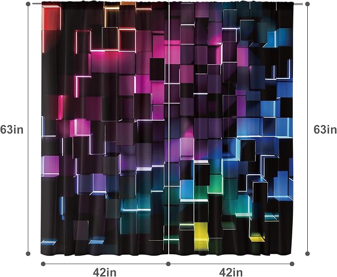 MESHELLY Colorful Curtains 42Wx63H Inch Rod Pocket Abstract 3D Geometric Cubes Gradient Design Geometry Plaid Modern Bedroom Window Drapes Men Boys Gaming Cool Printed Living Room Window Treatment