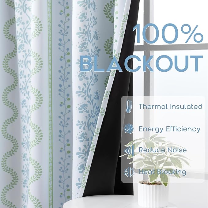 Sage Green Floral Blackout Curtains, Farmhouse Cottagecore Vine Botanical Pattern Drapes, Light Green and White Room Darkening Black Out Curtains for Bedroom Living Room, 63 Inch Length 2 Panel Set