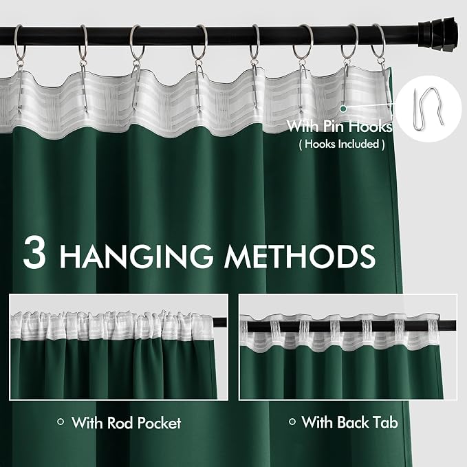 MIULEE Christmas Hunter Green Back Tab Blackout Curtain 96 Inch Long 2 Panels Set for Living Room Bedroom, Rod Pocket/Pinch Pleat Thermal Insulated Room Darkening Pleated Floor to Ceiling Drapes