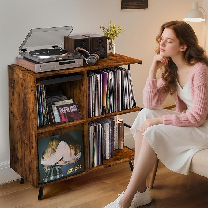 Faesun 3 Tier Flip Top Record Player Stand, Vinyl Record Storage Holds up to 300+ Albums, Large Record Player Cabinet, Vintage Turntable Stand with Vinyl Display, for Living Room Bedroom, Rustic Brown