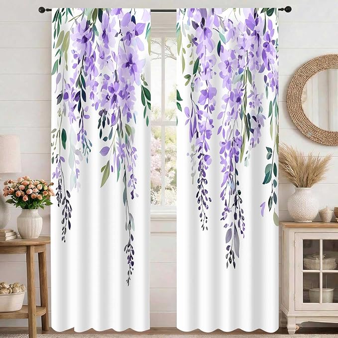 Purple Watercolor Floral Curtains, Botanical Leaves Vine Flowers Curtain, Rustic Farmhouse Flower Leaf Blackout Window Treatment Drapes for Bedroom Living Room 42x90 inch, 2 Panels