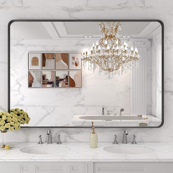 LOAAO 48X30 Inch Black Metal Framed Bathroom Mirror for Wall, Matte Black Bathroom Vanity Mirror Farmhouse, Large Rounded Rectangle Mirror, Anti-Rust, Tempered Glass, Hangs Horizontally or Vertically