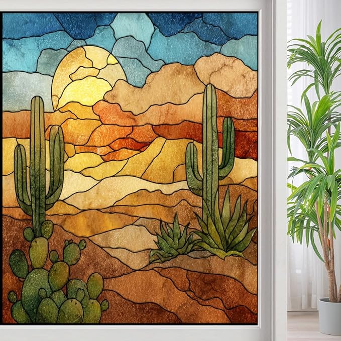 Sunset Desert Landscape Frosted Window Film, Retro Cactus Plant Texture Stained Glass Privacy Film, Heat Insulation Self-Adhesive Vinyl for Bathroom Office, 21.6Wx31.5L inch