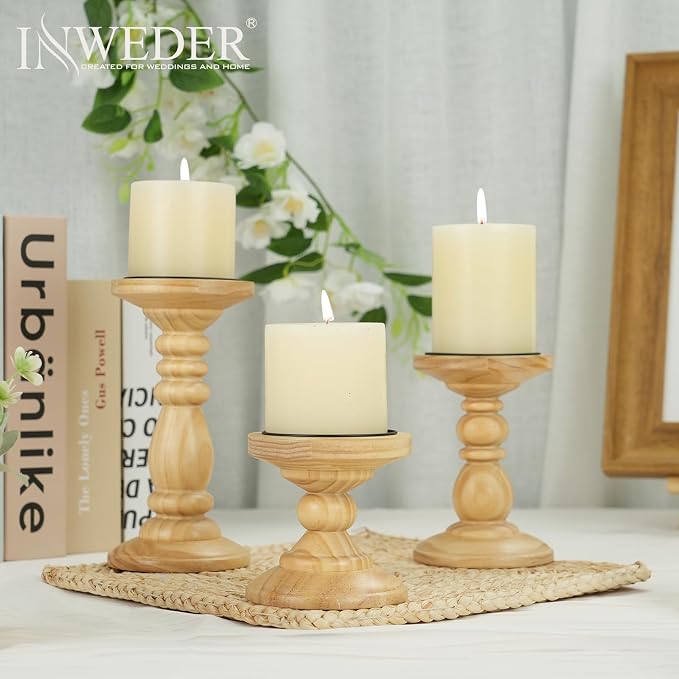 Wood Pillar Candle Holder: Rustic Wooden Candle Stand Farmhouse Fall Decor Distressed Brown Centerpieces for Tables Mantel Dining Living Room Christmas Set of 3