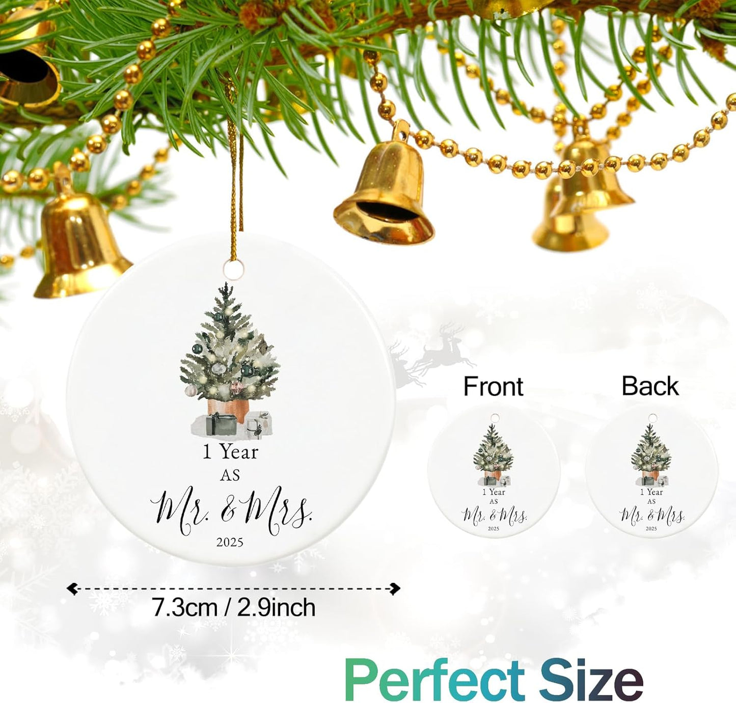 First Anniversary Ornament Gifts for Couple, Wedding Keepsake for 1 Year as Mr and Mrs, Ceramic Christmas Ornament With Ribbon and Box