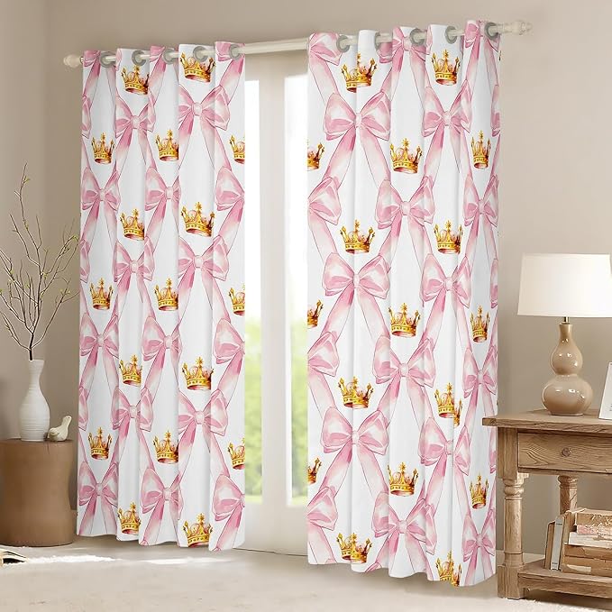 Erosebridal Kawaii Bow Girls 42" Wx63 L Curtain Pink Ribbon Bowknot Kids Window Curtain Golden Crown Princess Style Window Treatments Watercolor Geometric Bow Tie Curtains & Drapes