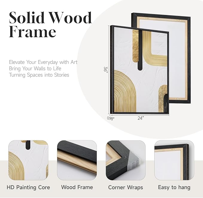 Large Framed Gold Abstract Wall Art Set of 2 for Living Room, Modern Minimalist Luxury Black White Canvas Artwork for Walls, Contemporary Line Painting Print Wall Decor for Bedroom Office, 24x36 Inch