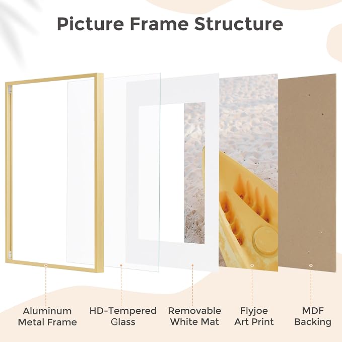 FLYJOE 18x24 Metal Picture Frame For Wall With Mat For 16x20, 18''x24'' Aluminum Photo Frames With Tempered Glass For Home Decor, Minimalist Modern Poster Frame Horizontal And Vertical Formats, Gold