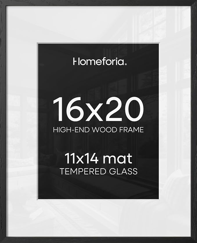 Homeforia 16x20 Black Wood Frame, High End Oak 16x20 Picture Frames with Mat 11x14 Photo, 16 x 20 Wooden Poster Frame Matted to 11 by 14 Print, 20x16 Hanging Frames, Tempered Glass, Wall Kit, Set of 3