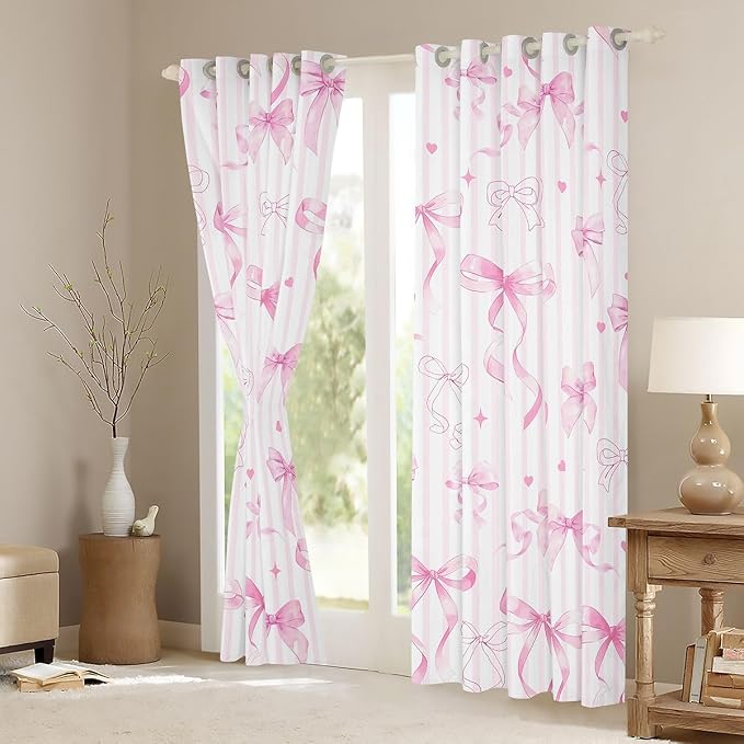 Feelyou Girls Pink Bow Blackout Curtains Coquette Cute Bow Knot Darkening Drapes for Bedroom Living Room Pink White Stripes Insulated Shades Dreamy Princess Window Treatments, 2 Panels 38 x 45 Inch