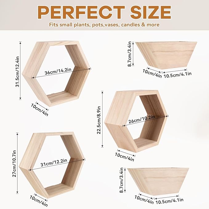 Wooden Hexagon Floating Shelves Set of 5 wall Mounted Honeycomb Shelf octogone shelve Geometric Shaped Organizer for Living Room Bathroom Bedroom Guest Room Decor Accessories nartural