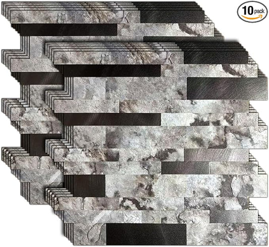 10-Sheet Peel and Stick Backsplash Tile, PVC Mixed Meta,l Stick on Kitchen, Bathroom Vanities, Fireplace Décor, Laundry Table(11.2" X 12.7") (10, Darken Coffee+Frosted Grey)