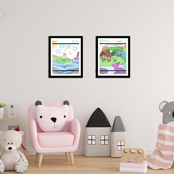 iRahmen Kids Art Frames 10x12.5 - Front Opening Childrens Picture Frame Changeable, Wood Artwork Display Storage for Wall Mount, Magnetic Door Holds 50 Art Pieces for Drawings, 3D Picture, Crafts, Portfolio, Black