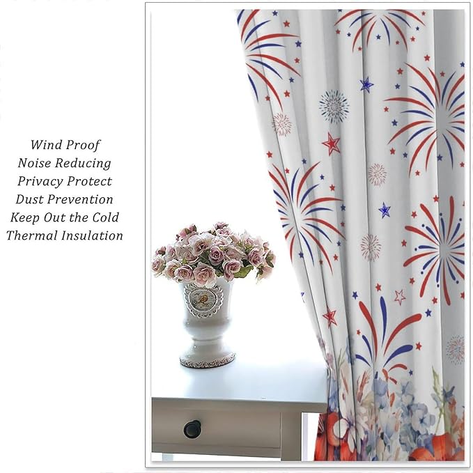 Independence Day Curtains, 4th of July Red Blue Floral Patriotic Star American Flag Drapes for Bedroom Living Room Kitchen Window Treatment 2 Panels Set Total Size 63" W X 72" L Inch