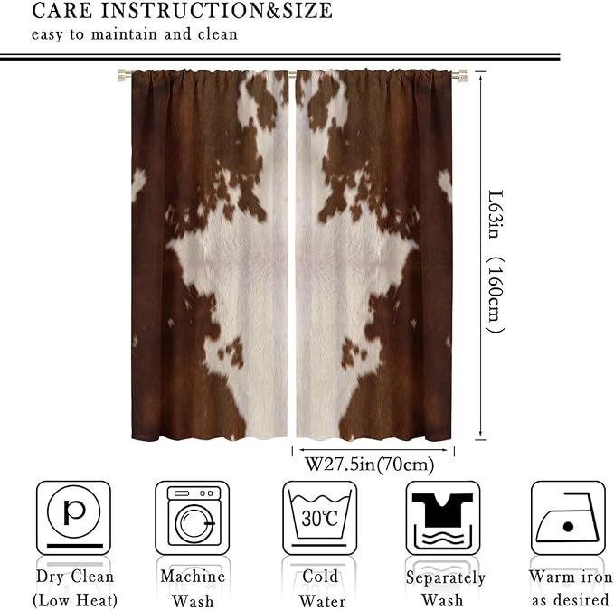 Cow Print Blackout Curtain, Animal Fur Brown Cowhide Western Farm Style Window Treatments Rod Pocket Curtain for Bedroom Living Room Kitchen Decor Drapes 55x63in