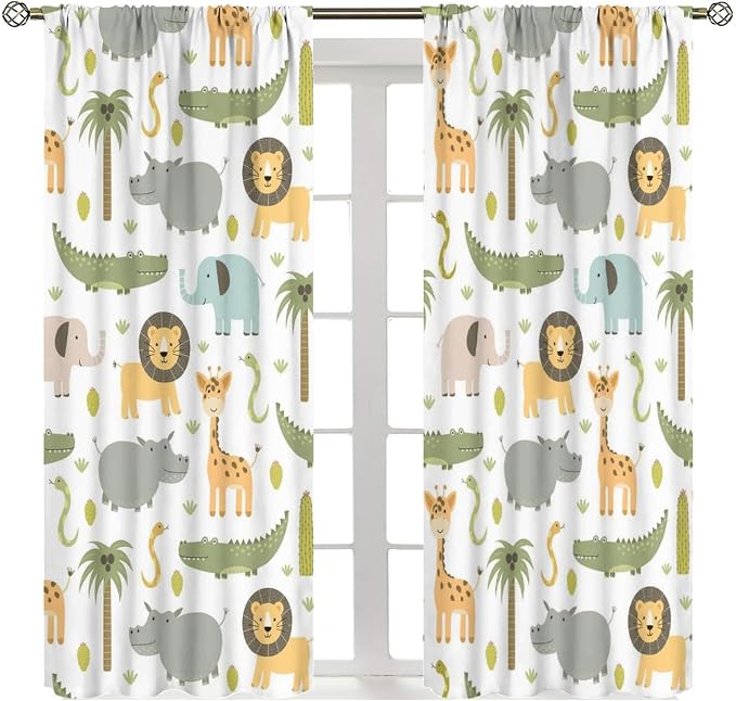 YCness Nursery Safari Animals Curtains, Baby Boy Girl Kids Woodland Jungle Forest Lion Elephant Printed Curtains for Living Room Bedroom Window Drapes 2 Panel Sets42x45 Inch