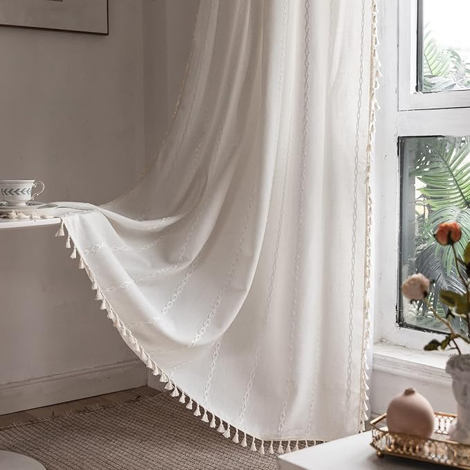 RoomTalks White Modern Farmhouse Textured Curtains for Bedroom Living Room 72’’L x 52’’W Light Filtering French Country Boho Chic Tassel Window Curtain Panels Striped Bohemian Draperies