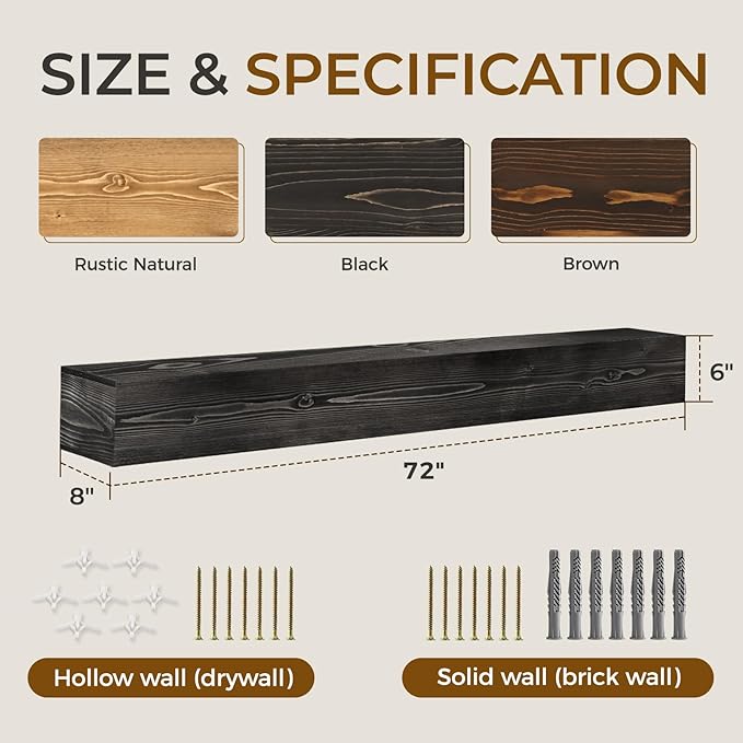 Fireplace Mantel Handmade, 6'' Thick Wall Decor Long Floating Shelf, 72inch Rustic Wood Shelf with Invisible Brackets, Black