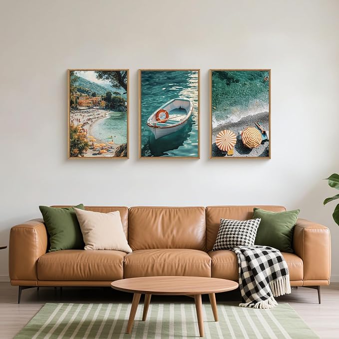 Italy Coastal Seascape Framed Canvas Wall Art Set,Mediterranean Amalfi Italian Blue Green Seaside Beach Decor,Natural Foreign Travel City Summer Artwork for Living Room,Farmhouse- 16"x24"x3
