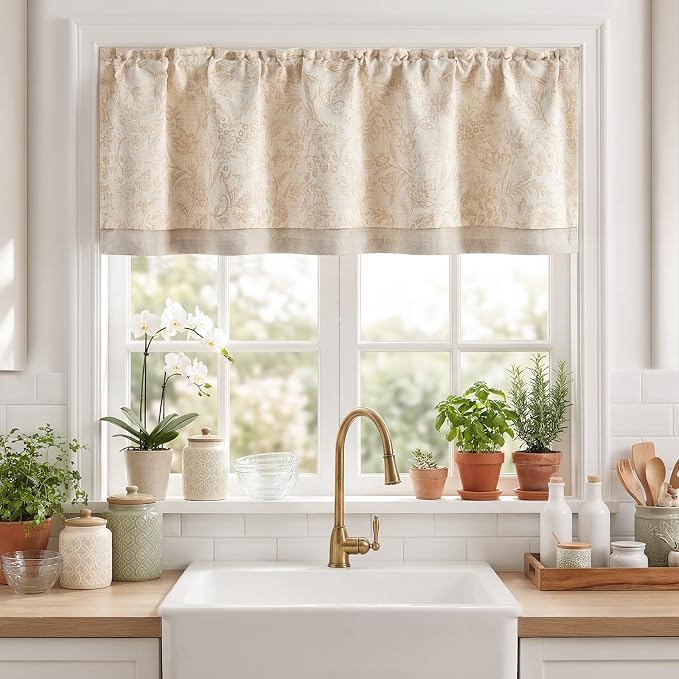 jinchan Linen Valance Curtain Farmhouse Floral Printed Small Window Curtain for Kitchen Rustic Light Filtering Valance for Living Room Bedroom Bathroom 16 Inch Rod Pocket 1 Panel Taupe on Beige
