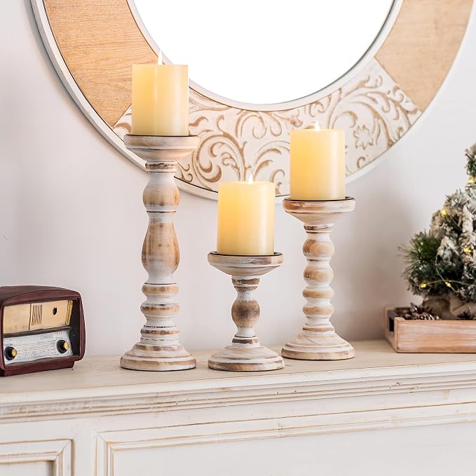 Wooden Pillar Candle Holder: Rustic White Candle Stand Wood Distressed Candleholders Farmhouse Fall Decor for Christmas Fireplace Mantle Dining Table Living Room Shelf Set of 3