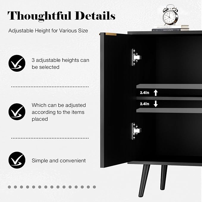 Set of 3 Fluted Storage Cabinet, Buffet Cabinet with Storage, Wood Sideboard with Adjustable Shelf, Modern Accent Cabinet & Console Table for Entryway, Living Room, Dining Room, Black