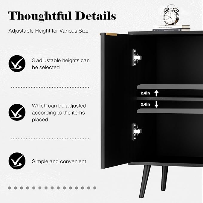 Fluted Storage Cabinet, Buffet Cabinet with Storage, Wood Sideboard with Adjustable Shelf, Modern Accent Cabinet & Console Table for Entryway, Living Room, Dining Room, Black