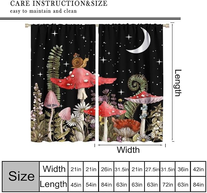 Retro Mushroom Curtains, Rustic Gothicwatercolor Red Pink Mushroom Boho Nature Ferns Botanical Wild Flowers Blackout Window Curtains for Farm Kitchen Bedroom, 72" W X 63" L