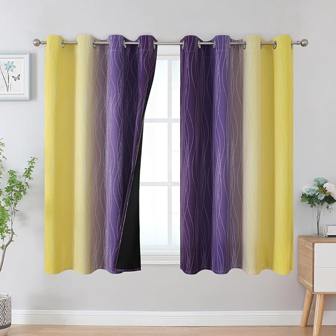 Estelar Textiler Yellow and Purple Ombre Blackout Curtains 45 Inch Length 2 Panels, Full Room Darkening Gradient Drapes for Bedroom, Thermal Insulated Grommet Short Curtains for Bathroom,52Wx45L