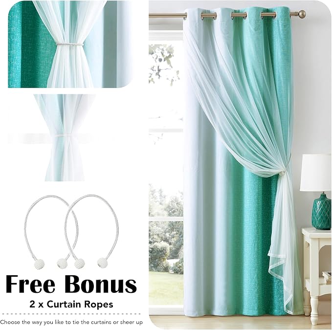 Ombre 100% Blackout Curtains 90 Inches Long 2 Panels for Bedroom Living Room Teal and White Double Layer Sheer Overlay Mix & Match Grommet Thermal Soundproof Drapes with Tiebacks, 52x90