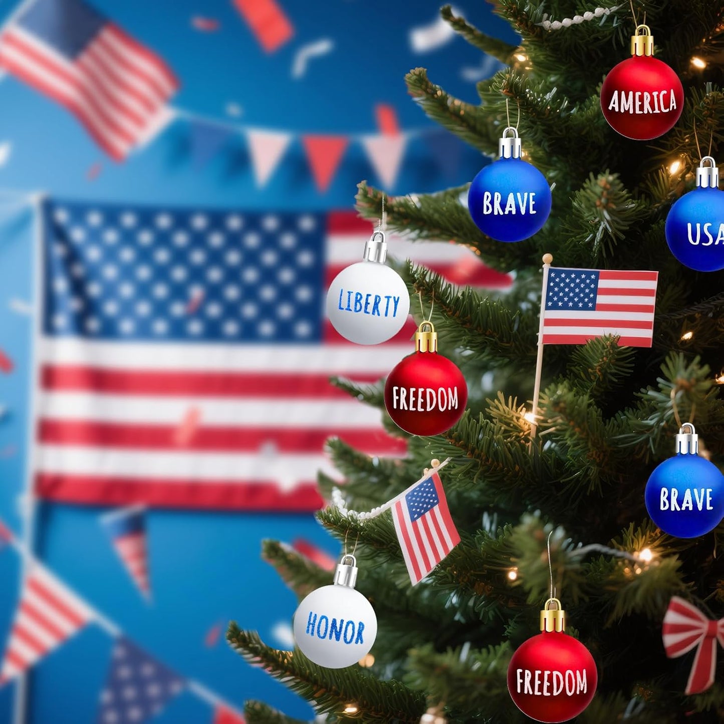 JULMELON 24Pcs 4th of July Patriotic Hanging Ball Ornaments Memorial Day Independence Day Labor Day Hanging Decorations for Home Party Christmas Tree Decor, Blue Red and White