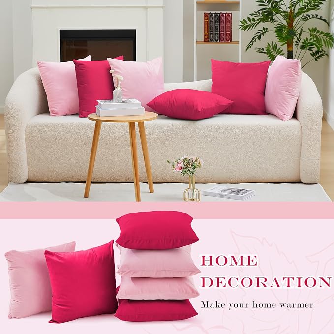 Berlune 6 Pcs Pink Picnic Velvet Throw Pillow Covers 18" x 18" Hot Pink Decorative Cushion Cases Soft Pillowcase Coquette Party Accessories Couch Sofa Bed Picnic Chair Home Decor, No Inserts
