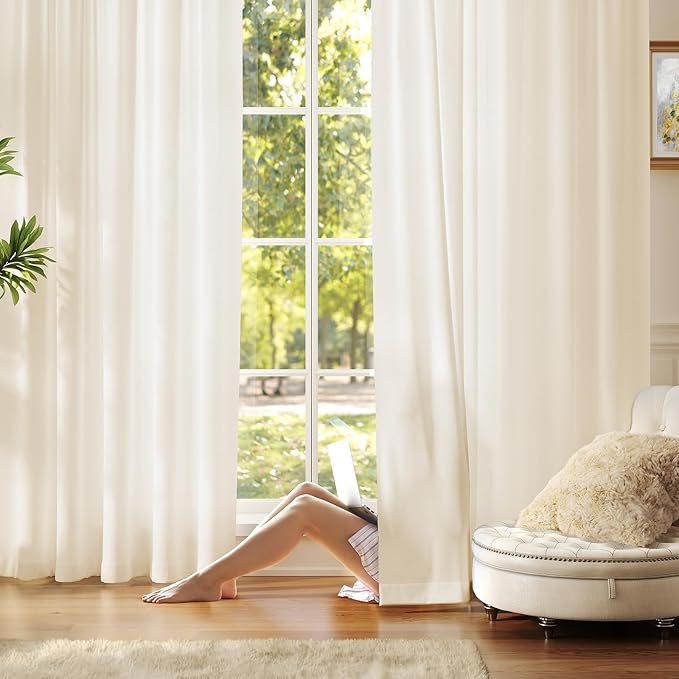 Anmao Non-See-Through Beige Privacy Semi Sheer Curtains for Living Room 63 Inch Length 2 Panels Set, Light Filtering That Let Light in Rod Pocket Window Drapes for Bedroom, 52W x 63L, Beige