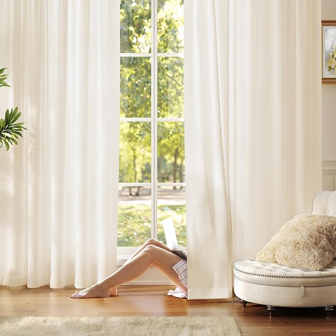 Anmao Non-See-Through Beige Privacy Semi Sheer Curtains for Living Room 45 Inch Length 2 Panels Set, Light Filtering That Let Light in Rod Pocket Window Drapes for Bedroom, 52W x 45L, Beige