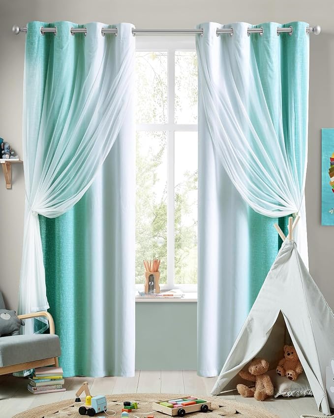 Ombre 100% Blackout Curtains 90 Inches Long 2 Panels for Bedroom Living Room Teal and White Double Layer Sheer Overlay Mix & Match Grommet Thermal Soundproof Drapes with Tiebacks, 52x90