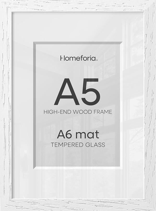 Homeforia A5 Picture Frame White Wood, High-End Oak 5.8x8.3 Frame Matted to 4.1x5.8 inch Photo, A5 Size Walnut Wooden Frames with Mat A6 for Print, 5.8 by 8.3 Frame, Tempered Glass, Wall Kit, Set of 1